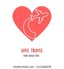 Love travel. Airplane inside the shape of the heart. Vector illustration