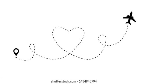 Love travel airplane route. Romantic line heart dashed trace and plane routes. Vector icon of air plane flight route with start point and hearted airplane path