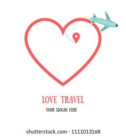 Love Travel. Airplane and shape of heart. Vector illustration