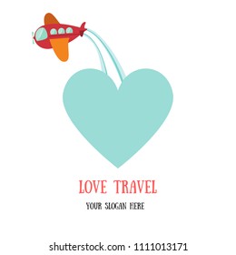 Love Travel. Airplane and shape of heart. Vector illustration