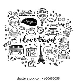 I love travel. Boy and girl. Paris. London. New York. Lettering. Isolated vector objects on white background.