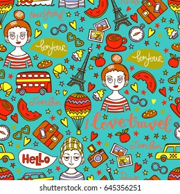 I love travel. Boy and girl. Paris. London. New York. Lettering. Seamless vector pattern (background).