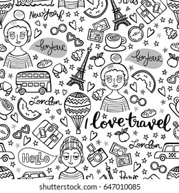 I love travel. Boy and girl. Paris. London. New York. Lettering. Seamless vector pattern (background).