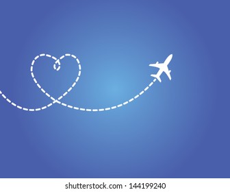 Ilustración de concepto de viaje de amor: Un avión que vuela en el cielo azul oscuro dejando atrás un rastro de humo con forma de amor