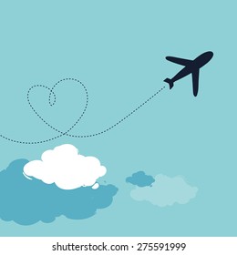 Love Travel Concept Illustration: A Airplane flying in the dark blue sky leaving behind a love shaped smoke trail
