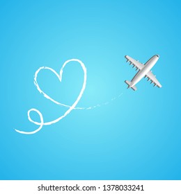 Love travel concept illustration in vector. Airplane flying and leave a white line on blue background. Vector illustration EPS 10.