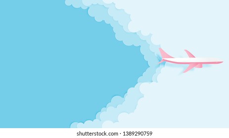 Love to travel concept illustration vector paper cut style. Paper art airplane aerial view with beautiful clouds and blue sky for poster, flyer, web template, advertising travel ticket promotion.