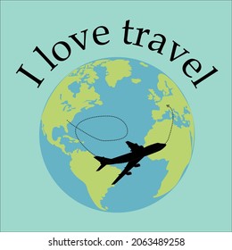 Love travel concept illustration in vector. Airplane flying and leave a dashed trace line.
