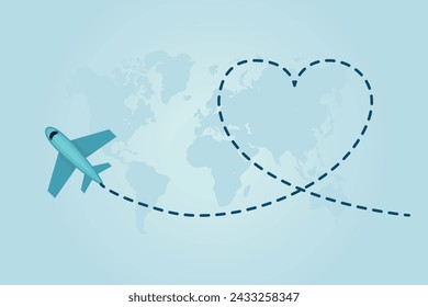 Ilustración de concepto de viaje de amor en vector. El avión vuela y deja una línea punteada azul del sendero.