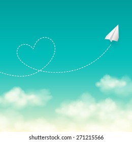 Love travel concept a paper plane flying in the sunny blue sky  vector background