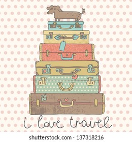 I love travel. Travel conceptual card with nice suitcases in vector