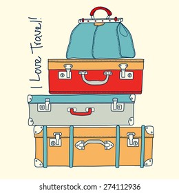 I love travel. Travel conceptual card with vintage suitcases in vector