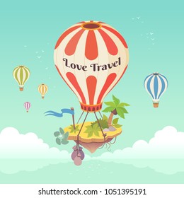 Love Travel conceptual poster. Vector illustration of fantasy balloon with tropical flying island on light blue sky background with white clouds.