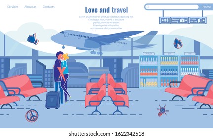 Love and Travel, Couple Kissing at Airport, Banner. Guy and Girl before Flight Exchange Tenderness and Hug. They Love each other and do not Want Leave, Girl Hold Large Suitcase in her Hand.