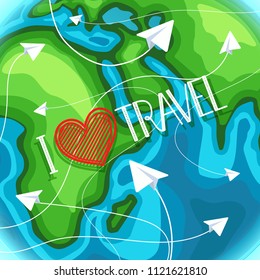 I love travel. Travel destination concept with paper planes