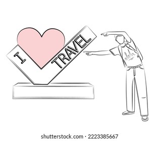 I Love Travel. Editable template about loving anything. Concept of traveling around world without limits. To be photographed against background of sights. Share your journey on social media. Line art