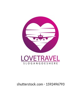 Love travel, Heart and Airplane logo vector design icon template.