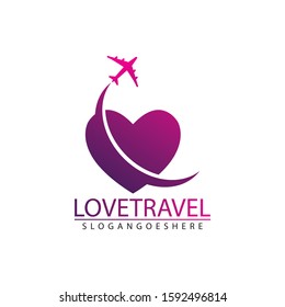 Love travel, Heart and Airplane logo vector design icon template.