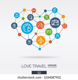 Love travel integrated thin line icons in heart shape. Digital network concept. Connected graphic design polygons and circles system. Background whith tour map, hotel booking, flight ticket. Vector