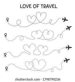 Love to travel The plane travel route is the heart of a romantic lover.