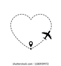 Love travel route. Airplane line path vector icon of air plane flight route with start point and dash line trace