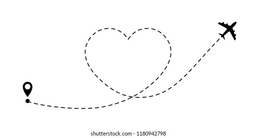 Love travel route. Airplane line path vector icon of air plane flight route with start point and dash line trace