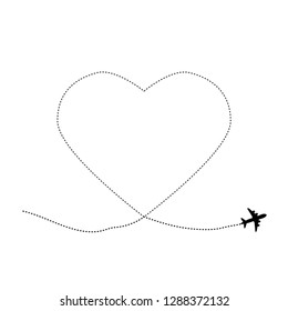 Love travel route. Airplane line path vector icon of air plane flight route with dash line trace. Vector illustration 

