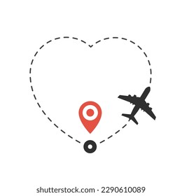 Love travel route. Airplane line path with heart shaped on white background. Travel concept.