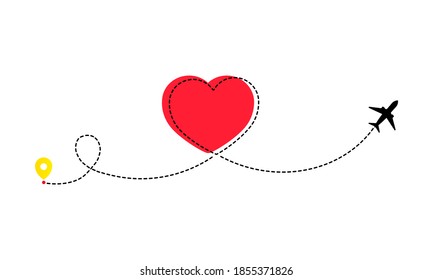 Love travel route icon. Heart airplane travel route line for romantic journey concept. Dashed love heart flight. Vector on isolated white background. EPS 10