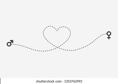 Love travel route. Line path vector icon of route with dash line trace from man to woman