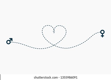 Love travel route. Line path vector icon of route with dash line trace from man to woman