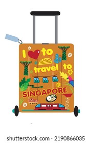 I Love To Travel To Singapore Concept Baggage With Singaporean Tourism Themes For Stickers . Editable Clip Art.