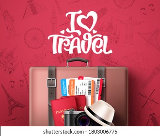 I love travel text vector banner design. Travel and tourism concept with world famous landmarks and destination, travelling suitcase bag, passport and text in red pattern background. Vector 