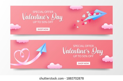 love travel valentine's day sale offer banner card with paper plan flying paper cut style illustration