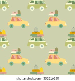 Love to travel vector seamless pattern. Cartoon travel car with luggage
