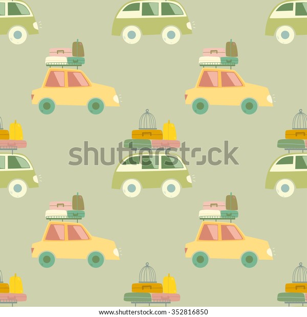 Love to travel vector seamless pattern. Cartoon\
travel car with luggage