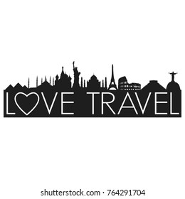 Love Travel World Skyline Silhouette Stamp City Design Vector Art Template 