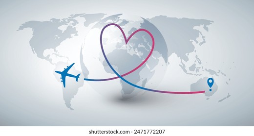 I Love Traveling - Air Transport, Tourism Concept, Vector Illustration - Design with Flying Airplane on an Intercontinental Long Distance Route Leaves a Colorful Heart Shaped Trace on a Gray World Map