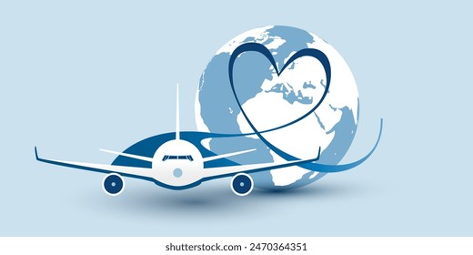 I Love Traveling All Around the World Concept, Vector Illustration - Earth Globe Design with Flying Airplane Leaves Blue Vapor Trail, a Heart Shaped Trace