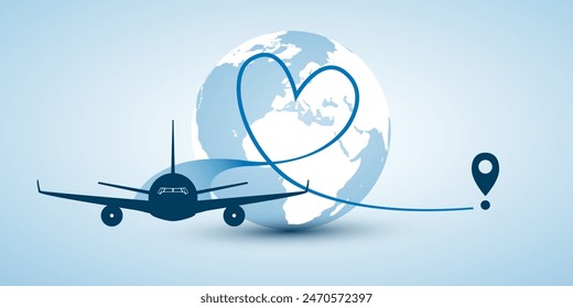 I Love Traveling All Around the World Concept, Vector Illustration - Earth Globe Design with Flying Airplane Leaves Blue Vapor Trail, a Heart Shaped Trace