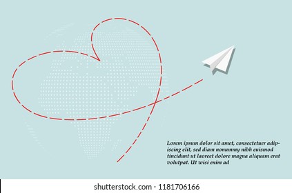 Love traveling concept: There are world dot map and paper plane fly with love sign (heart shape) 