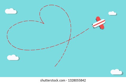 Love traveling concept: There are world dot map and airplane fly with love sign (heart shape). Flat design.