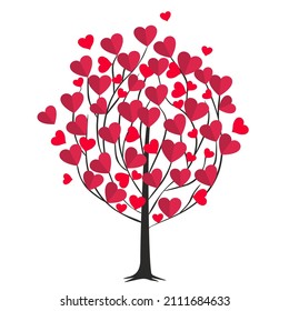 Love Tree, Black Poplar With Hearts, Heart Leaves - Happy Valentine's Day Card, Flat Vector, Illustration.