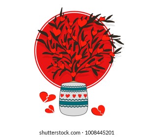 Love tree. Broken hearts. Valentine's Day. Japanese style. Conceptual illustration.