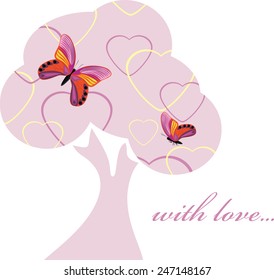 Love tree with butterflies. Decorative element to the Valentines Day. Vector