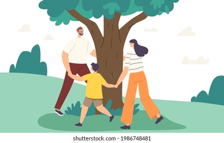 Love Tree Concept. Togetherness, Outdoor Environmental Activity Summer Recreation. Mother, Father and Child Holding Hands, Happy Family Characters Dance around Tree. Cartoon People Vector Illustration