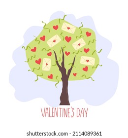 Love tree. Decorated tree with hearts and love mail for Valentine's Day. Romantic postcard
lettering. Vector illustration in flat cartoon style.