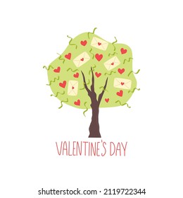 Love tree. Decorated tree with hearts and love mail for Valentine's Day. Romantic postcard
lettering. Vector illustration in flat cartoon style.