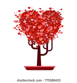Love tree from gentle flying pink and red hearts. Flat vector cartoon illustration. Objects isolated on white background.