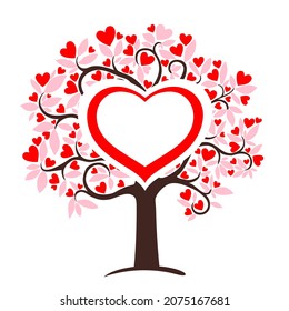 Love tree. Heart tree with red heart leaf  isolated on white background. Valentine's day background. Design Elements. Happy Valentine's Day. February 14.  Vector illustration